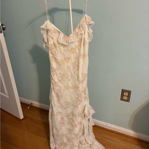 LoveShackFancy Dresses & Skirts - LoveShackFancy White Floral Ruffle Maxi Dress with Pink & Yellow Accents